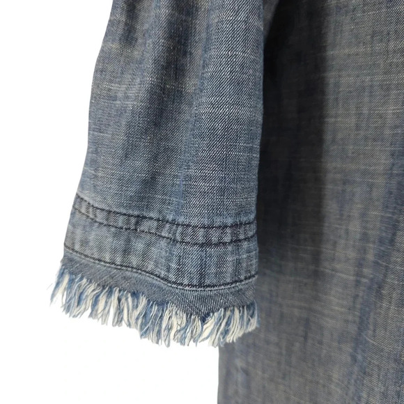 Trina Turk Shift Dress Linen Blue Chambray Off Shoulder Short Sleeve Fringe - Picture 4 of 9